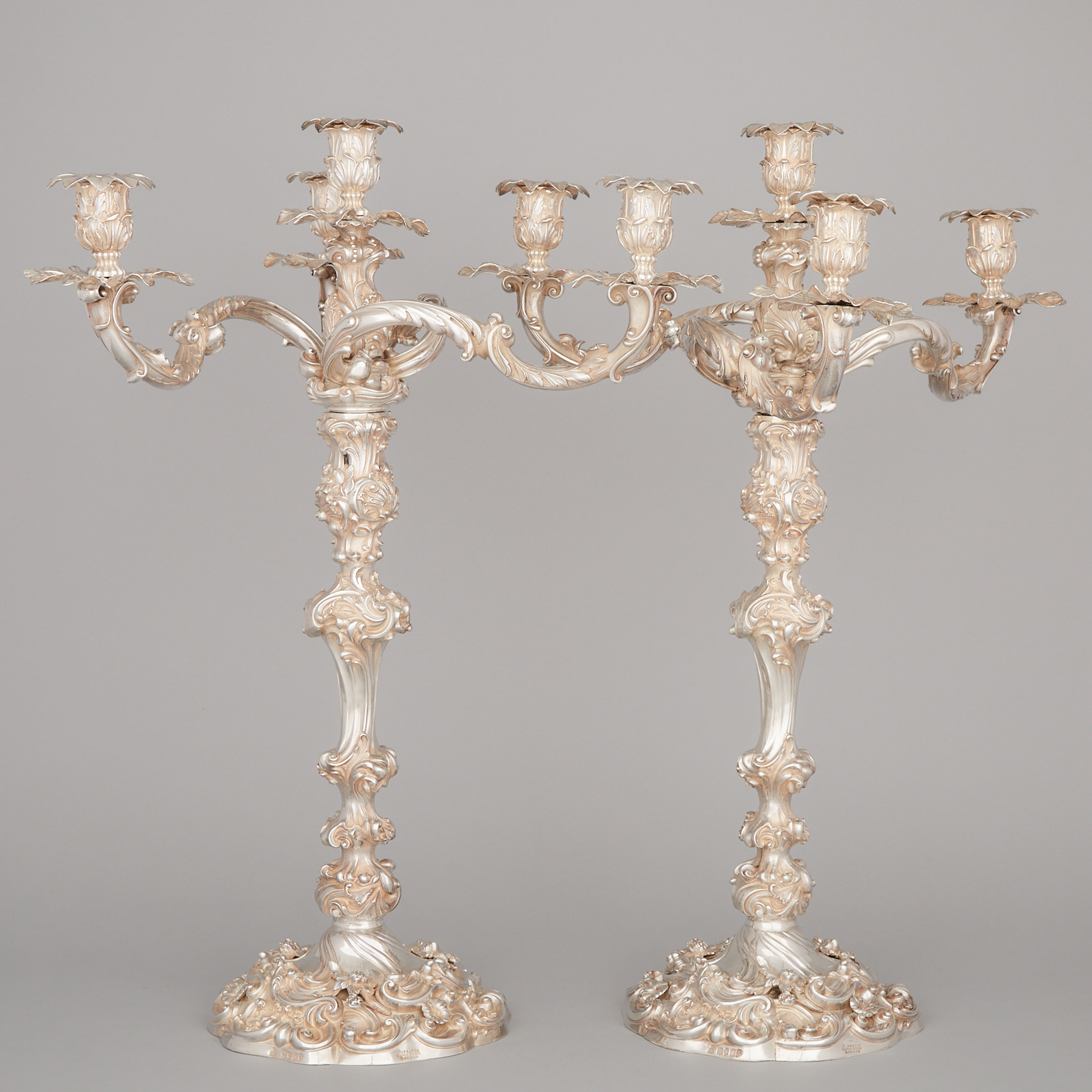 A Massive Pair of Early Victorian Cast Silver Four-Light Candelabra, Robert Garrard II, London, 1838