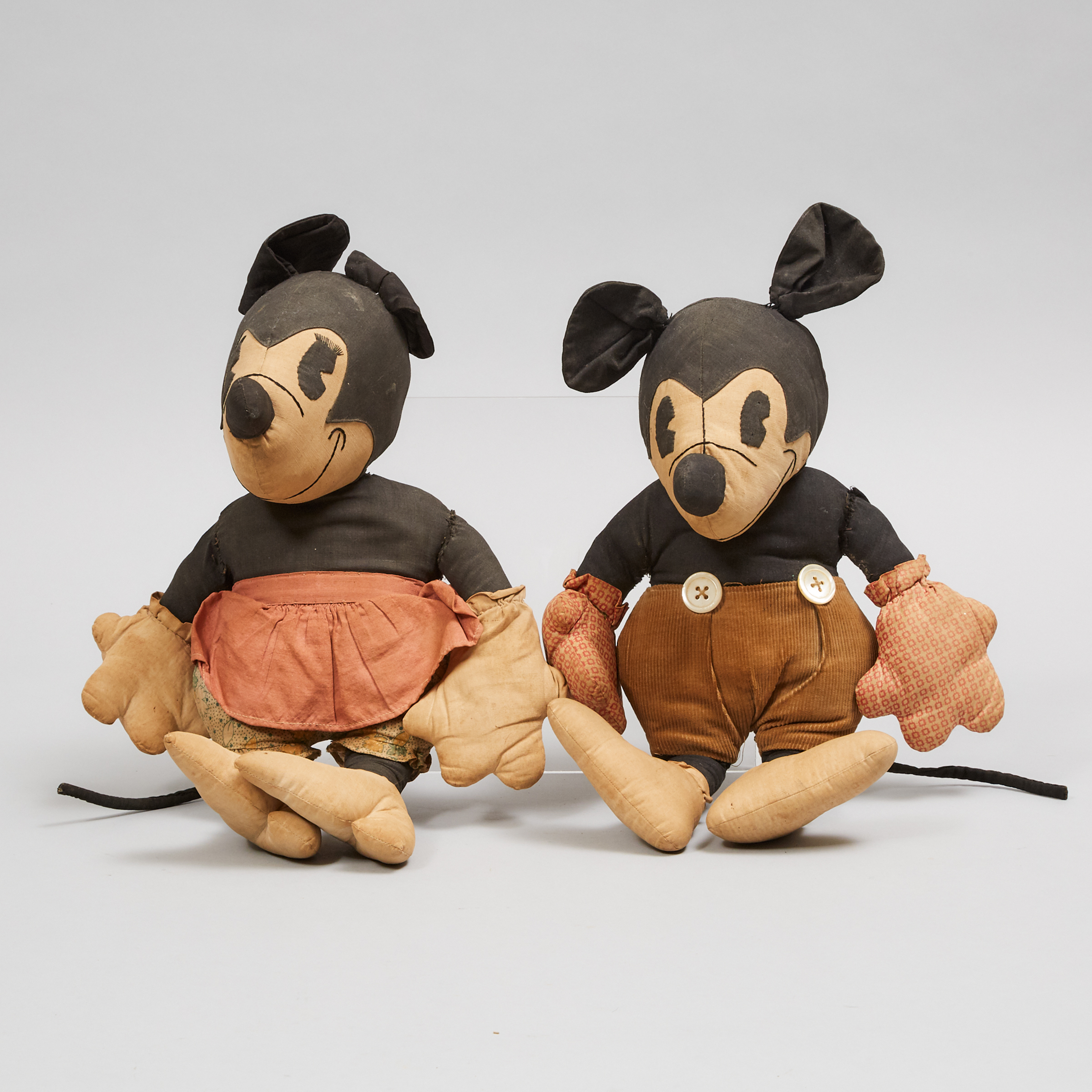 Set of Mickey and Minnie Mouse Cotton, Linen and Silk Dolls, c.1935
