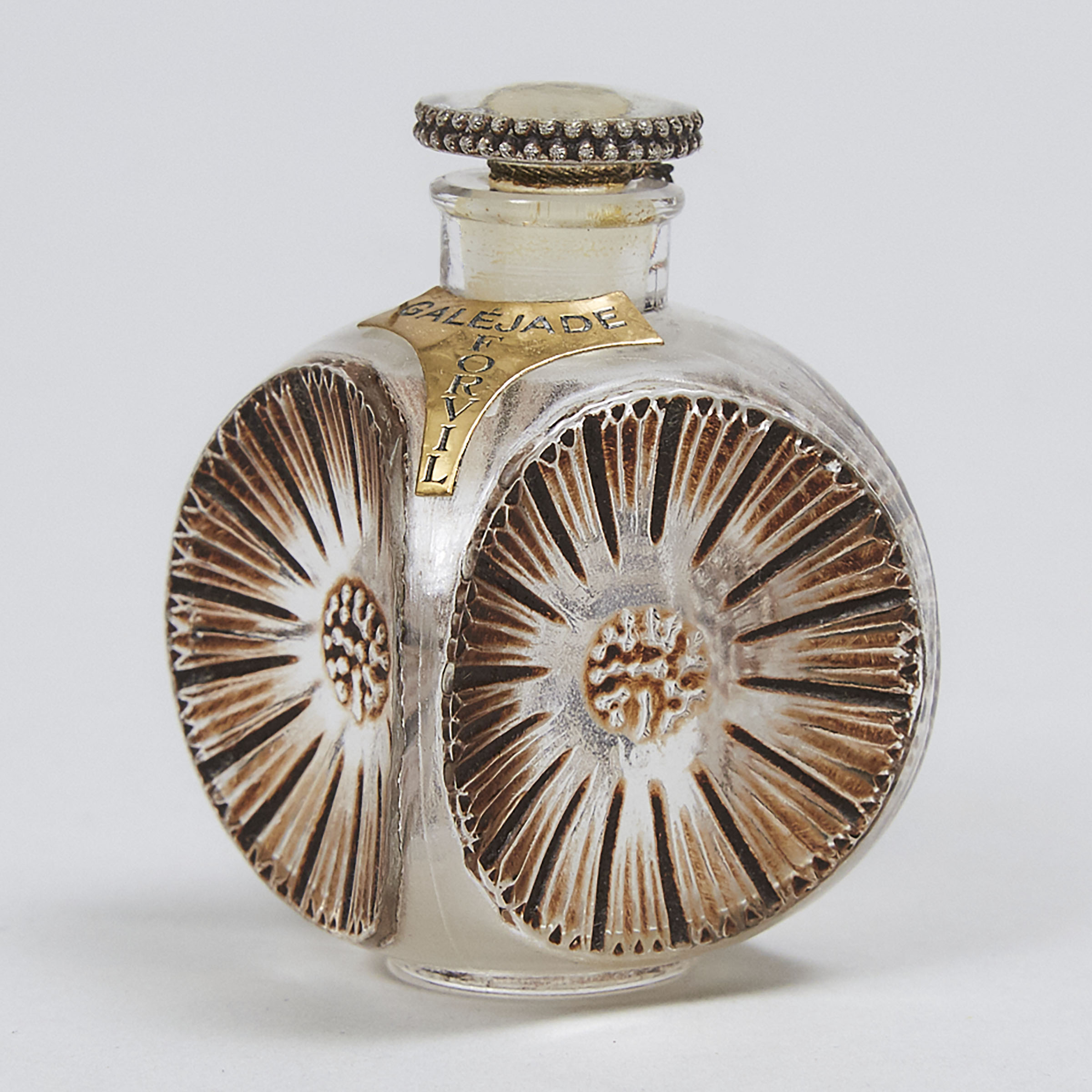 'Galéjade', Lalique Moulded and Stained Brown Enameled Glass Perfume Bottle, for Forvil, 1920s