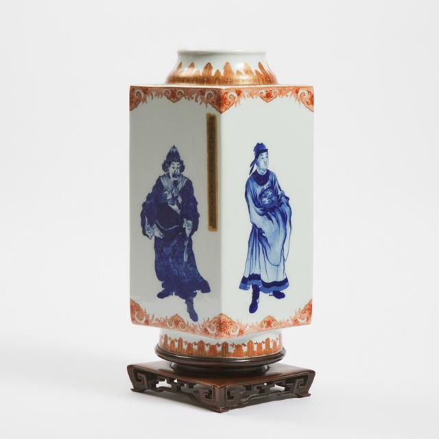 A Blue and White and Iron-Red Decorated Square Vase, Qianlong Mark, Mid 20th Century