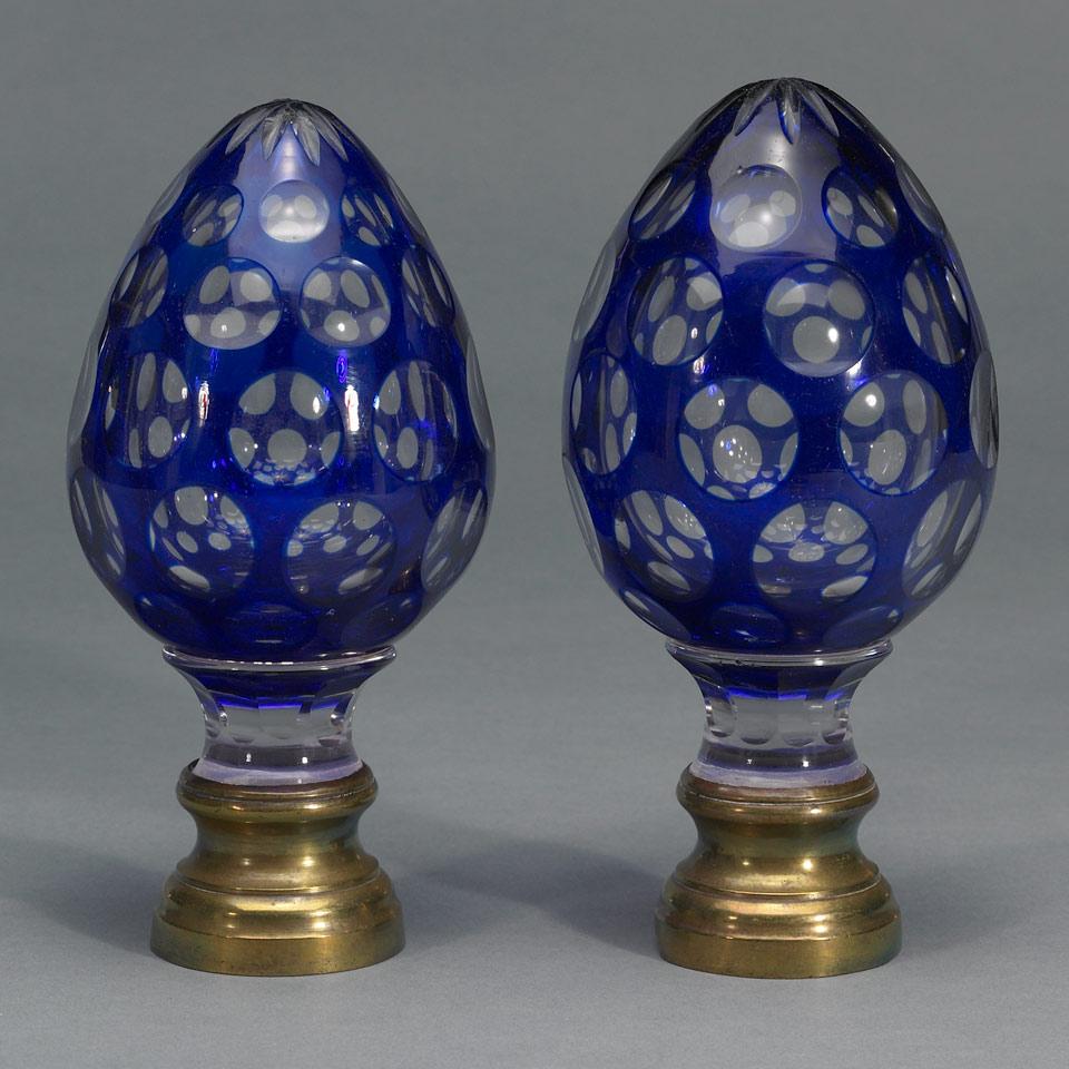 Pair Bohemian Blue Overlay Cut Glass Finials, c.1900