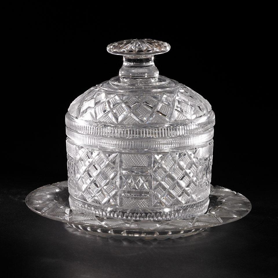 Anglo-Irish Cut Glass Butter Tub with Cover and Stand, 19th century