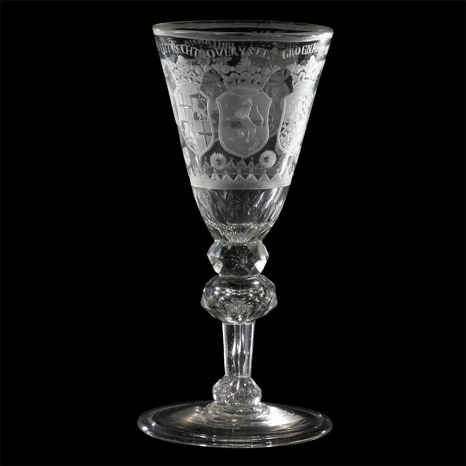 Dutch Engraved Armorial Glass Goblet, mid-18th century