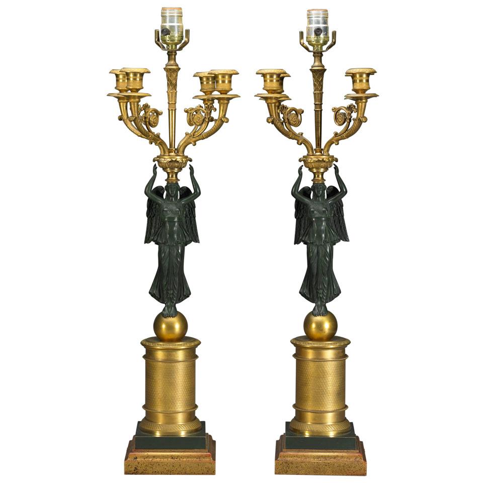 Pair of French Restauration Style Gilt and Patinated Bronze Figural Candelabra Form Table Lamps, 20th century