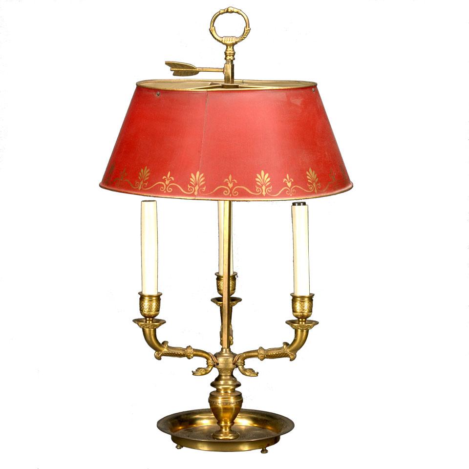 Italian Gilt Bronze and Tole Empire Style Three-Light Bouillotte Desk Lamp, mid 20th century