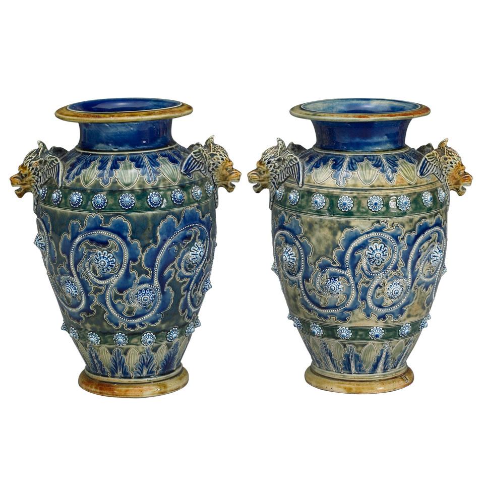 Pair of Doulton Lambeth Stoneware Vases, George Tinworth, 1875