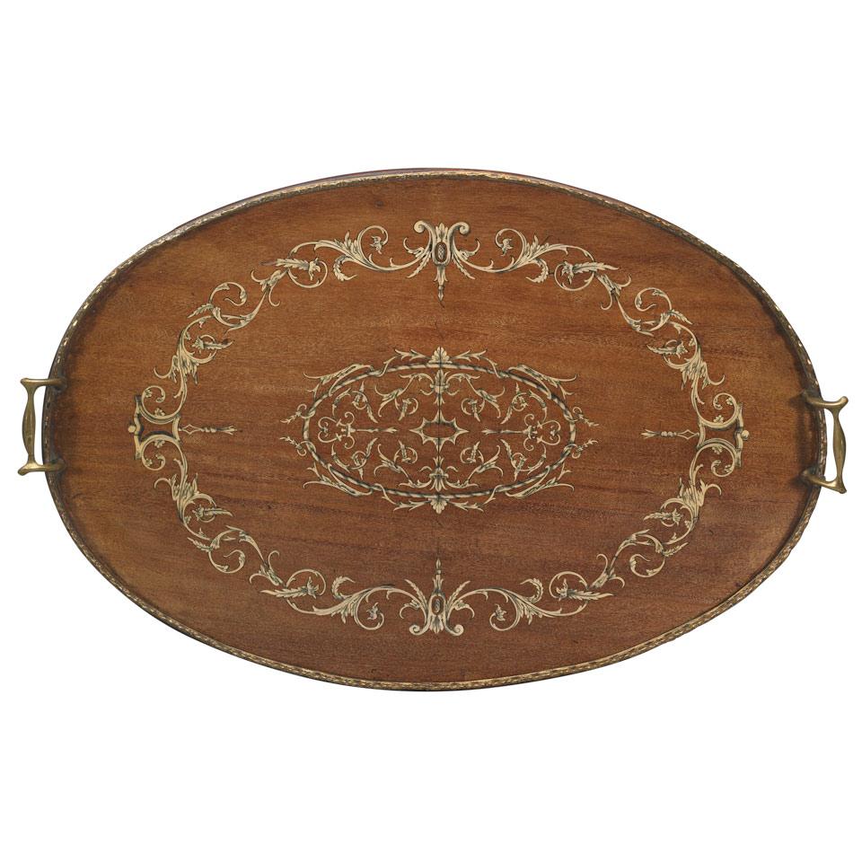 Edwardian Sheraton Style Inlaid Mahogany Oval Tea Tray with Pierced Brass Gallery