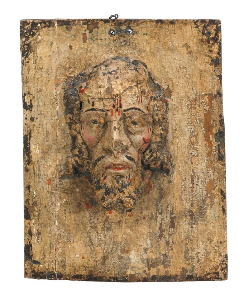 Spanish Colonial Carved and Polychromed Mask of Christ, 18th Century