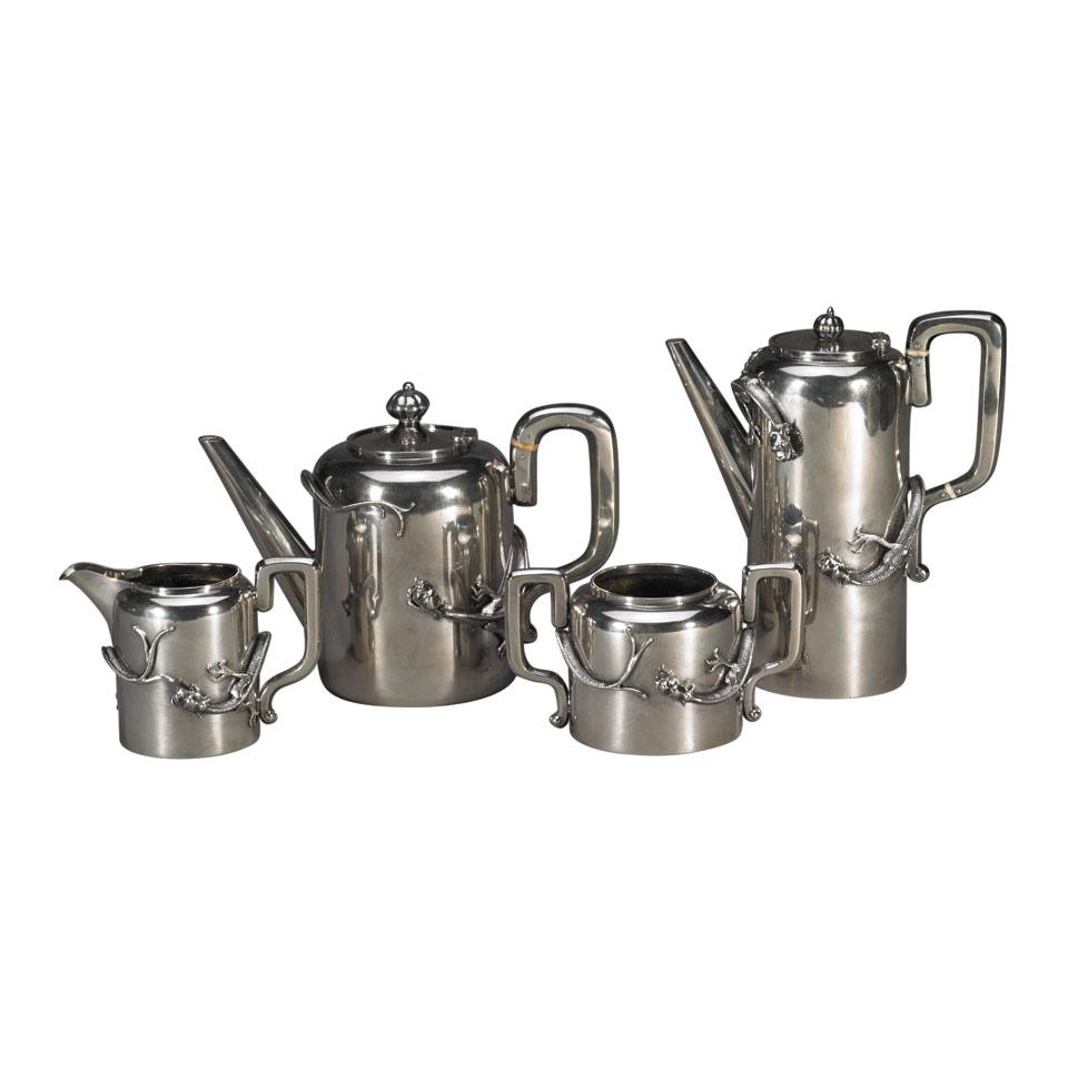 Four Piece Export Sterling Silver Tea Service, Late Qing Dynasty