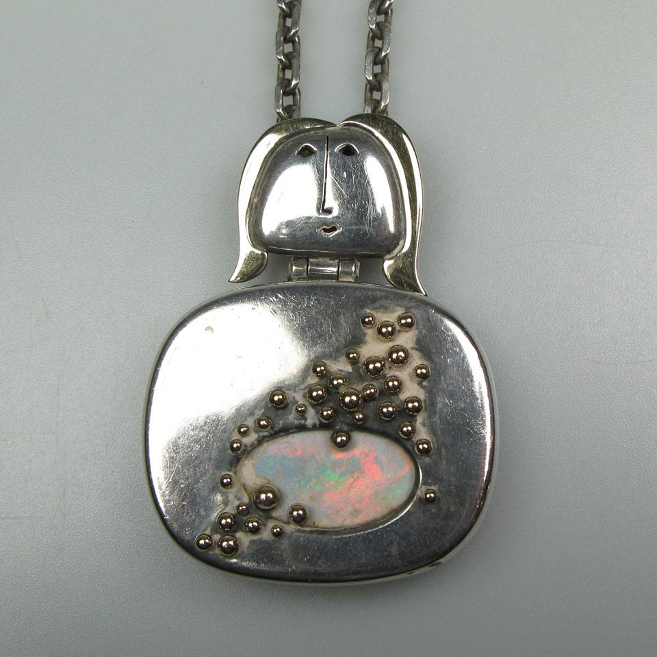 Walter Schluep Canadian  Silver Pendant And Chain, set with an opal panel