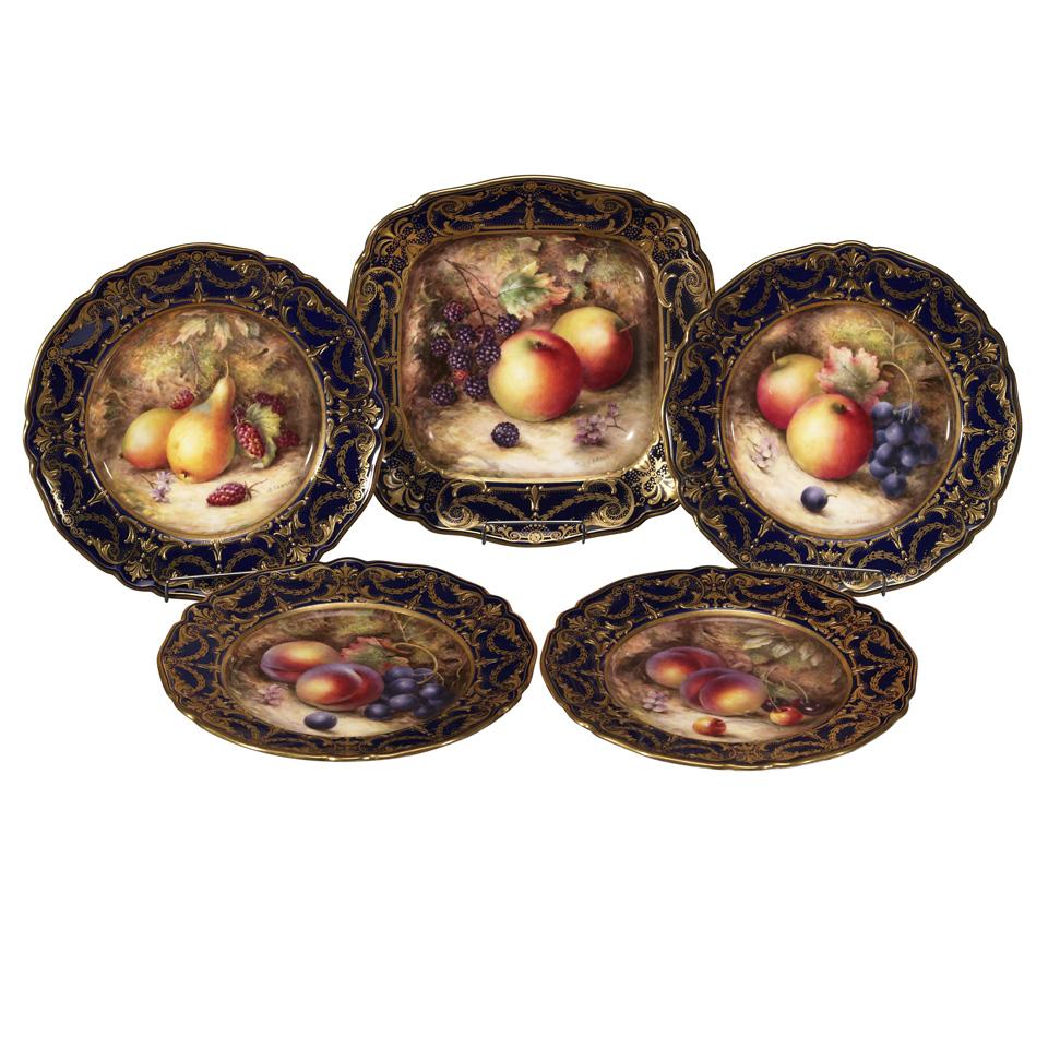 Four Royal Worcester Fruit Plates and Serving Dish, Richard Sebright, 1925