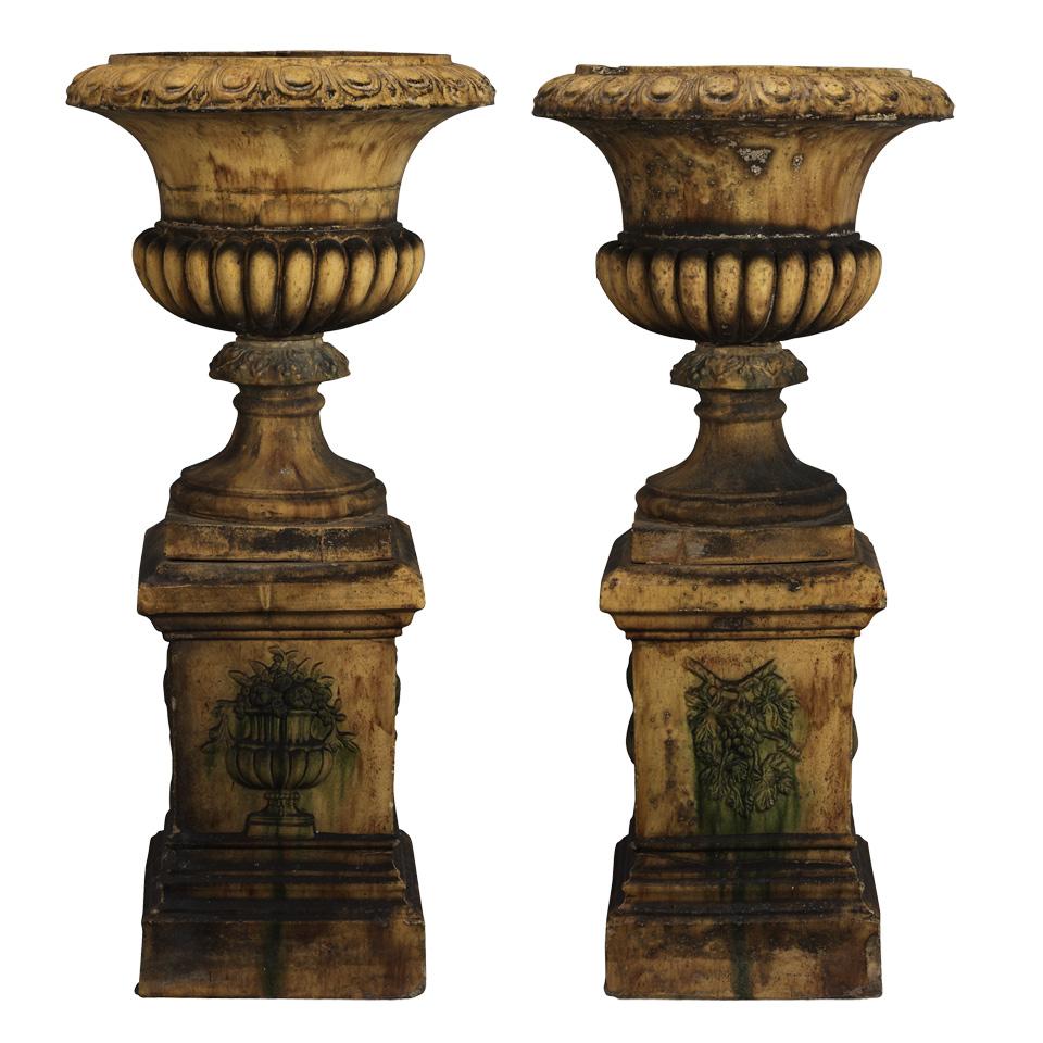 Pair Large Glazed Earthenware Garden Urns on Pedestals, 19th century