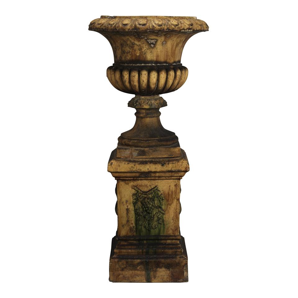 Pair Large Glazed Earthenware Garden Urns on Pedestals, 19th century