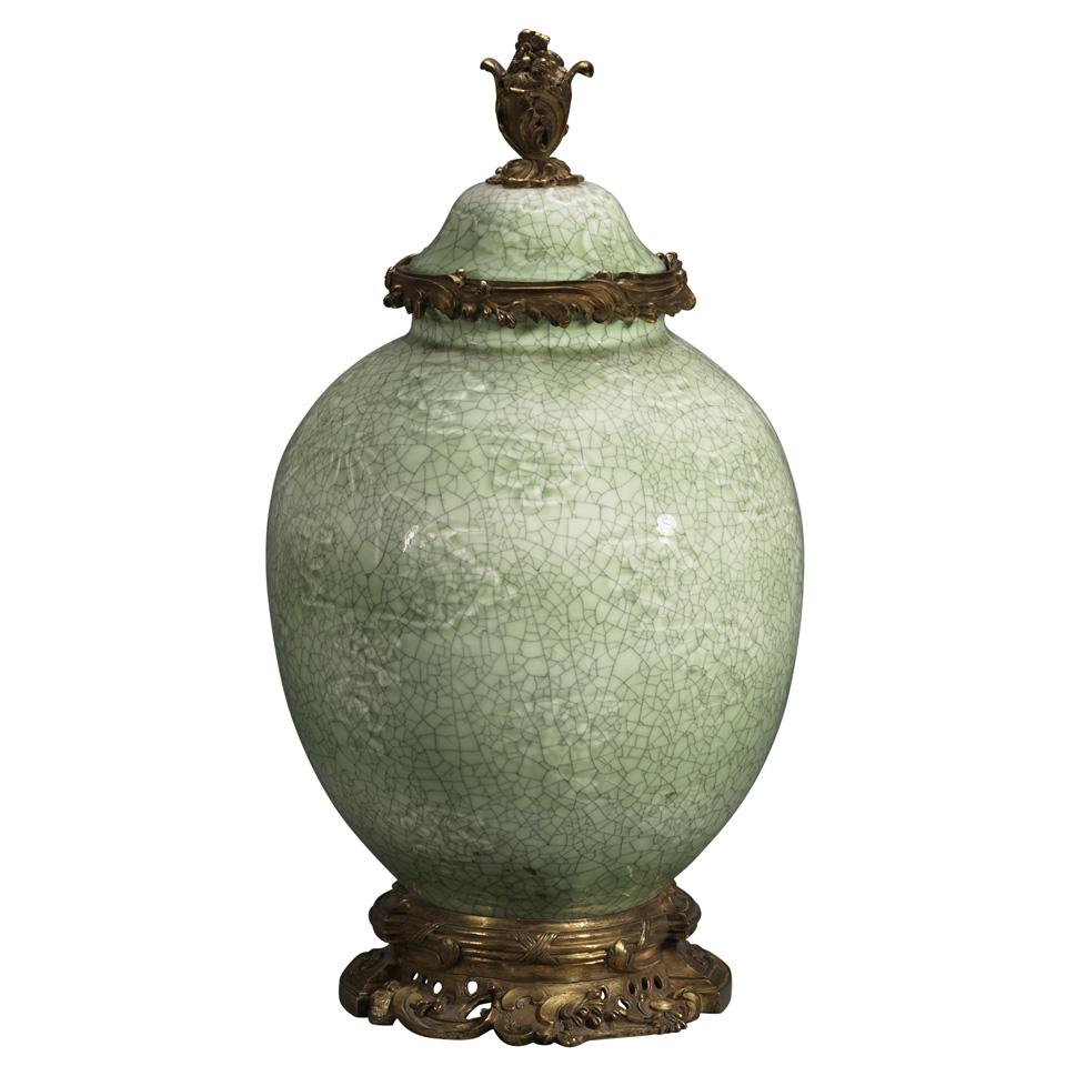 Ormolu Mounted Chinese Porcelain Celadon Crackle Glazed Covered Jar, mid 20th century