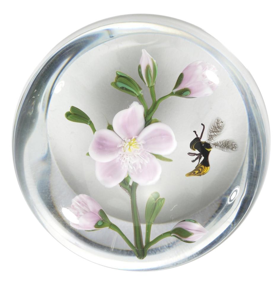 Paul Stankard (American, b.1943)  Apple Blossom and Bee Glass Paperweight, 1980