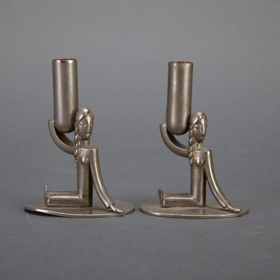 Pair Hagenauer Nickel Plated Bronze Figural Candlesticks, c.1930