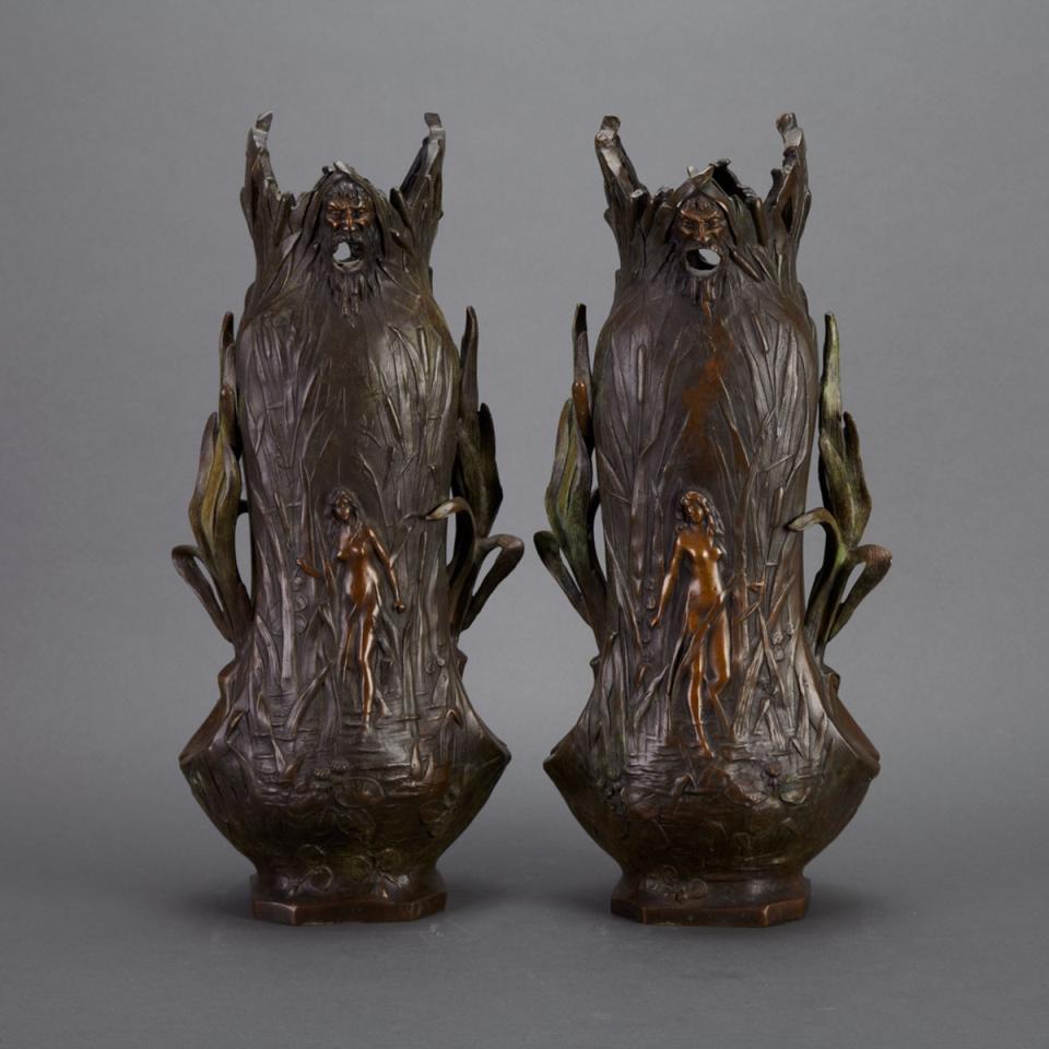 Pair of Art Nouveau Style Patinated Vases, 20th century