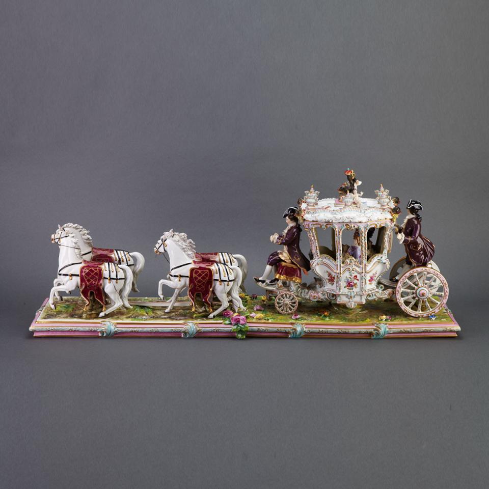 Rudolstadt Large Table Group of a Coach with Figures and Four Horses, 20th century