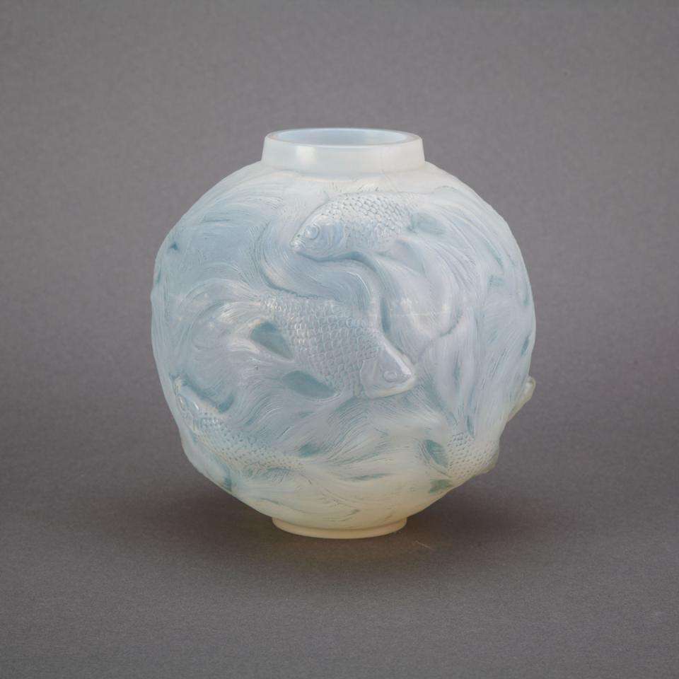 ‘Formose’, Lalique Moulded and Blue Stained Opalescent Glass Vase, c.1930
