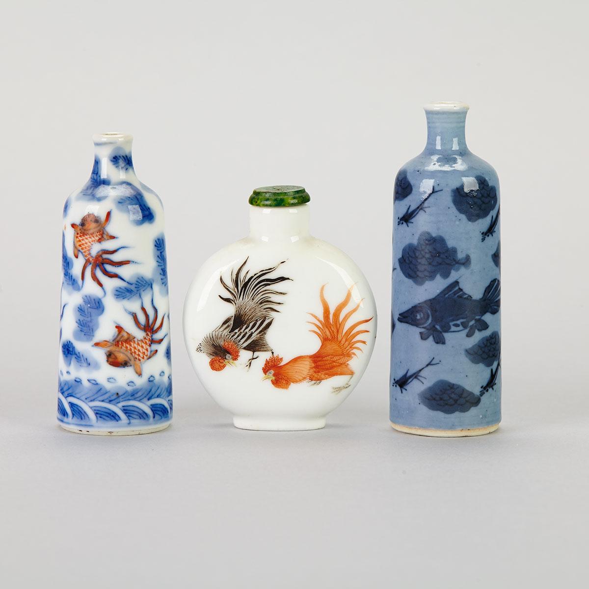 Three Porcelain Snuff Bottles, First Half 20th Century