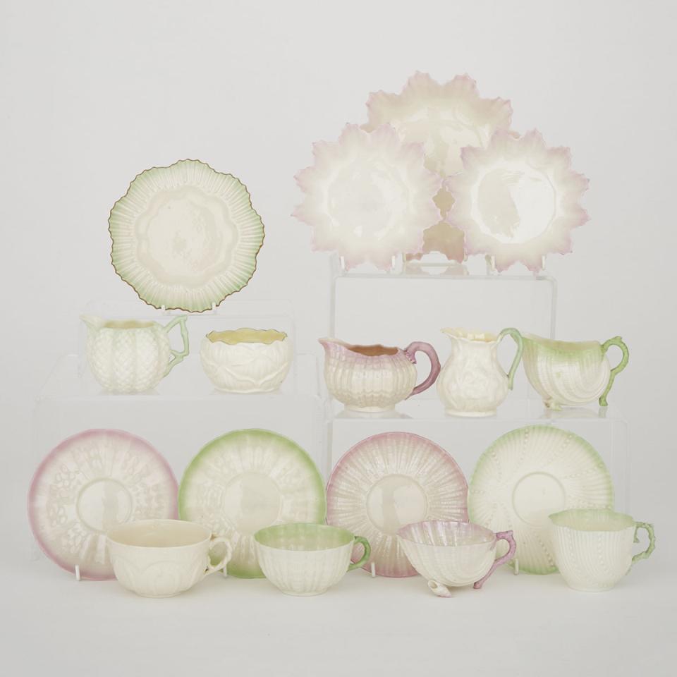 Group of Belleek Plates and Teaware with Pink and Green Painted Details, c.1891-1926