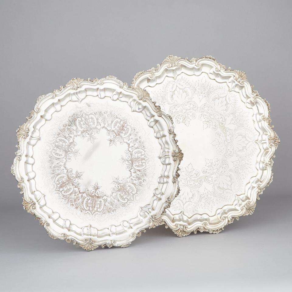 Two English Silver Plated Large Circular Salvers, 20th century