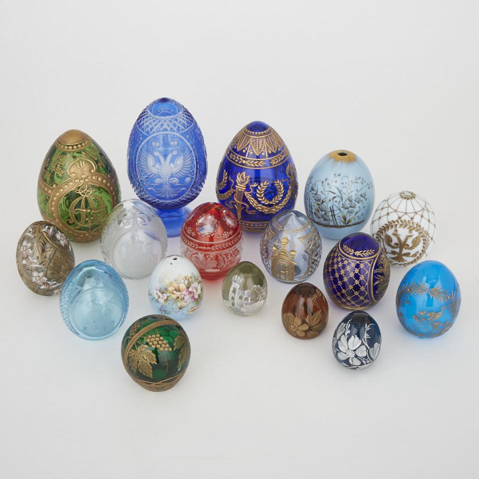 Seventeen Russian Glass and Porcelain Easter Eggs, late 19th/20th century